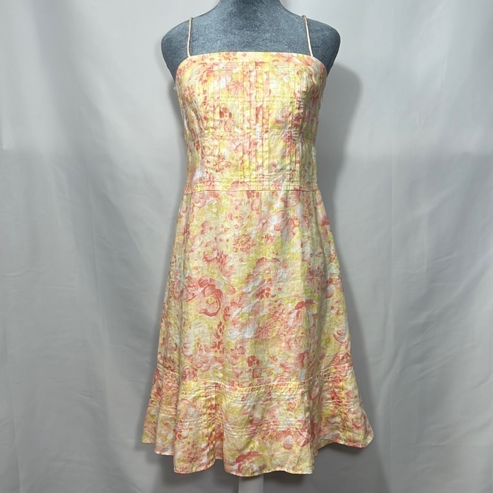 Ann Taylor Womens Pink Yellow Floral 100% Linen Knee Length Sundress Size 6P